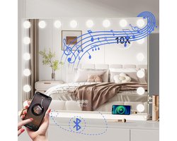 Royals Hollywood Spiegel 80x60CM - Bluetooth Speakers - 18x Led Lampen - USB + USB-C Oplaadpoort - 10x vergroting - 3 lichtstanden - Dimbaar - Smart Touch - Hollywood spiegel met verlichting - Spiegel met verlichting - Make Up Spiegel - Visagie