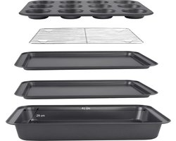 Royalty Line® 5RB Bakvorm Set - 5 Delig Bakvormen - Bakset - Muffinvorm / Bakplaat / Koelrek / Braadslede - Antiaanbaklaag - Zwart