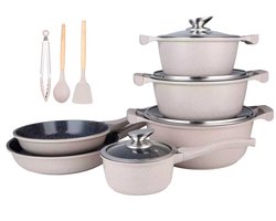 Royalty Line® BS1010 Pannenset Inductie - 13 Delige Pannensets Met Antiaanbaklaag - PFAS Vrij - Kookpotten, Koekenpannen & Steelpan - Pannen Geschikt Voor Alle Warmtebronnen - Beige