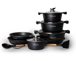Royalty Line® BS1010 Pannenset Inductie - 13 Delige Pannensets Met Antiaanbaklaag - PFAS Vrij - Set Met Koekenpannen, Kookpotten & Steelpan - Pannen Voor Alle Warmtebronnen - Zwart