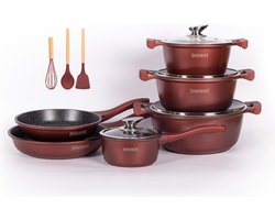 Royalty Line® BS1010 Pannenset Inductie - 13 Delige Pannensets - PFOA & PTFE Vrij - Set met Kookpotten, Koekenpannen & Steelpan - Pannen Voor Alle Warmtebronnen - Bordeaux