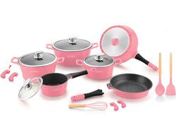 Royalty Line® ES1014 Inductie Pannenset - 17 Delige Pannensets - Pan Met Afneembare Handvaten - Ovenbestendig - Pannen Voor Alle Warmtebronnen - Antiaanbaklaag - Roze