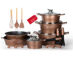 Royalty Line® ES1014 Pannenset Inductie - 17 Delige Pannensets - Pan Met Afneembare Handvaten - Oven Bestendig - Pannen Voor Alle Warmtebronnen - Antiaanbaklaag - Koper