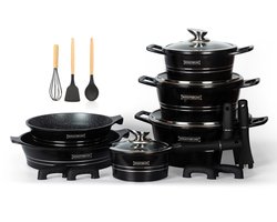 Royalty Line® ES1014 Pannenset Inductie - 17 Delige Pannensets - Pan Met Afneembare Handvaten - Oven Bestendig - Pannen Voor Alle Warmtebronnen - Antiaanbaklaag zonder PFOA & PTFE - Zwart