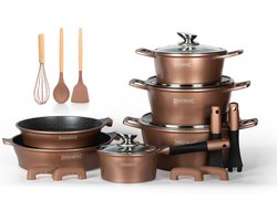 Royalty Line® ES1014 Pannenset Inductie - 17 Delige Pannensets - Pan Met Afneembare Handvaten - Oven Vrij - Pannen Voor Alle Warmtebronnen - Antiaanbaklaag - Koper