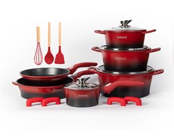 Royalty Line® ES2014 Pannenset Inductie - 17 Delige Pannensets Met Antiaanbaklaag - Afneembare Handvaten - PFOA Vrij - Pannen Voor Alle Warmtebronnen - Rood / Zwart