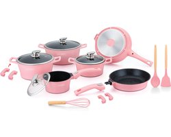 Royalty Line® ES2014 Pannenset Inductie - 17 Delige Pannensets Met Antiaanbaklaag - Pan Met Afneembare Handvaten - PFOA & PTFE Vrij - Pannen Voor Alle Warmtebronnen - Roze