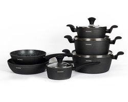 Royalty Line® FD10B Pannenset Inductie - 10 Delige Pannensets - Set met Koekenpannen, Hapjespan, Kookpotten & Steelpan - Pannen Geschikt Voor Alle Warmtebronnen - PFOA & PTFE Vrij - Pan Met Antiaanbaklaag - Zwart