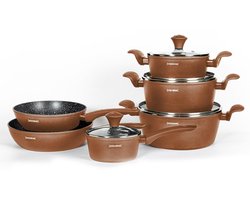 Royalty Line® FD10C Pannenset Inductie - 10 Delige Pannensets - PFAS Vrij Set met Koekenpannen, Hapjespan, Kookpotten & Steelpan - Pannen Geschikt Voor Alle Warmtebronnen - Pan Met Antiaanbaklaag - Koper