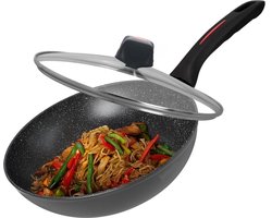 Royalty Line® FWN30 Wokpan Inductie - Ø 30 cm / 4.2 Liter - Wokpannen Voor Alle Warmtebronnen - Wok Pan Met Antiaanbaklaag - Wokpan Met Deksel - Zwart