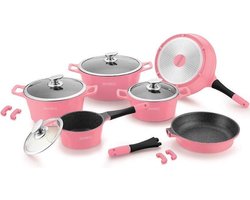 Royalty Line Inductie Pannenset - 14-Delige Pannenset Met Marmeren Coating - Pannen Met Afneembare Handvaten - Oven-Ready - PFAS-Vrij - Voor Alle Warmtebronnen - Afneembare Koudgrepen - Antiaanbaklaag - Koekenpan Met Glazen Deksels - Roze