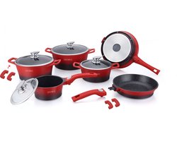 Royalty Line Inductie Pannenset - Luxe 14-delige Pannenset Marmeren Coating - Pannen Met Afneembare Handvaten - Oven-Ready - PFAS-Vrij - Voor Alle Warmtebronnen - Afneembare Koudgrepen - Antiaanbaklaag - Koekenpan Met Glazen Deksels - Rood/Zwart