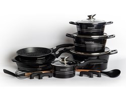 Royalty Line Inductie Pannenset - Luxe 14-delige Pannenset Marmeren Coating - Pannen Met Afneembare Handvaten - Oven-Ready - PFAS-Vrij - Voor Alle Warmtebronnen - Afneembare Koudgrepen - Antiaanbaklaag - Koekenpan Met Glazen Deksels - Zwart