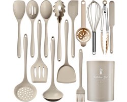 Royalty Line® KU15SBE Siliconen Keukengerei Sets Met Houder - 15 Delig Kookgerei Set - BPA & Plastic Vrij Keuken Gerei Set - Vaatwasbestendig - Hittebestendig - Ophangbaar - Beige