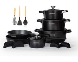 Royalty Line® OS1014 Pannenset Inductie - 17 Delige Pannensets - PFAS Vrij - Set Met Koekenpannen, Kookpotten & Steelpan - Pannen Geschikt Voor Alle Warmtebronnen - Zwart