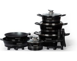 Royalty Line Pannenset Inductie - 14-Delige Pannenset Met Marmeren Coating - Pannenset Inductie Koudgrepen - Oven-Ready - PFAS-Vrij - Voor Alle Warmtebronnen - Afneembare Koudgrepen - Antiaanbaklaag - Koekenpan Met Glazen Deksels - Zwart