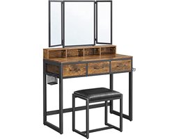 RoyaLuxe - Kaptafel Met Kruk & Opvouwbare Spiegel - Kaptafel - Bruin - Industrieel - Tafel - Spiegel - Spiegels - Opvouwbare Spiegel - Wandspiegel - Spiegel Staand - Kruk - Stoel - Stoeltje - Dressoir - Kast - Kastje - Opberg Kast