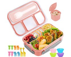 Roze Bento-box / Lunchbox voor kinderen – 1300 ml (ook geschikt voor volwassenen), met 4 vakken, voedselprikkers en cupcakevormpjes. Voedselcontainer voor volwassenen, kinderen en peuters – Lekvrij, magnetron-, vaatwasser- en vriezerbestendig.