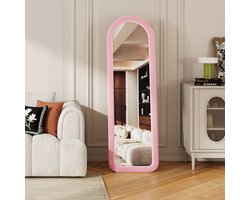 Roze boogspiegel 160x50 cm - Grote decoratieve wandspiegel met zacht frame, moderne passpiegel voor slaapkamer, kleedkamer en entree