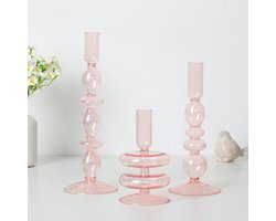 Roze Bubble Glazen Kandelaar Houder - Set van 3 - Voor Taps Toelopende Kaarsen - Kerst Tafel Decoratie