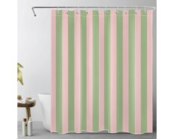 Roze en groen gestreepte badkamerdouchegordijn, modern abstract minimalistisch verticaal gestreept douchegordijn, retro esthetische badkamerdouchegordijnset, 180 x 150 cm