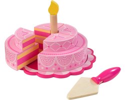 Roze Feesttaart met Lagen – Houten Speeltaart voor Kinderen – 12-delig, Realistisch Beschilderd, Inclusief Taartschep – Ideaal voor Rollenspel, Kinderopvang, Scholen & Thuis