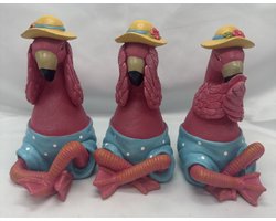 Roze flamingo's " horen, zien & zwijgen" beeldjes - roze + meerkleurig - set van 3 - 13 cm hoog - polyresin - decoratief
