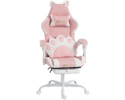 Roze Gaming Stoel 63,5x53x128 cm, Gamer Stoel, PC Stoel, Bureaustoel, Ergonomische Stoel met Kattenoren, Lendensteun, Hoofdsteun, Voetsteun, Verstelbare Rugleuning en Kunstleren Bekleding voor Gaming Kamer, Kantoor, Thuiswerk