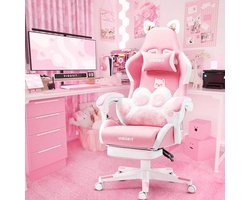 Roze Gaming Stoel met Kattenpoot Lendenkussen en Kattenoren - Ergonomische Computerstoel met Voetsteun en Massagestoel voor Meisjes en Tieners