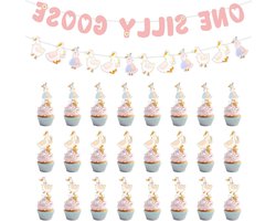 Roze Gans 1e Verjaardag Banner - Schattige Muurdecoratie voor Babyshower - Foto Achtergrond met Silly Goose Thema
