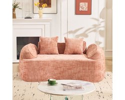 Roze gebogen tweezitsbank met armleuningen, compressiebank met 2 kussens, crèmekleurige bank voor kleine ruimtes, woonkamer, slaapkamer, geen montage vereist