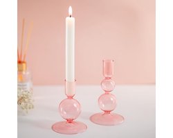 Roze Glazen Kandelaars - Set Van 2 Taper Kaarshouder - Gekleurde Bubbel Kaarshouders Voor Woonkamer - Kandelaarhouders Voor Decoratie - Home Decor Feesttafels Decoratie