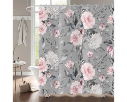 Roze Grijze Bloemen Douchegordijn 180 x 220 cm - Waterdichte Polyester Stof met Haken