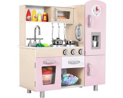 ROZE Grote Houten Speel Keuken Set met Gesimuleerde Licht- en Geluidseffecten, Poppenkeuken & Keukenaccessoires - Fantasiespelkeuken inclusief Fornuis, Oven, Magnetron, IJsmachine, Koffiezetapparaat, Telefoon, Kookgerei, Klok - Realistische Functies