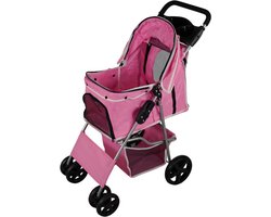 Roze Hondenbuggy Drager Opvouwbare Trolley Huisdierenwagen 15kg Draagvermogen 4 Wielen Remmen Kat Hond Veiligheid Snelsluiting Riem Kussen Zonnescherm Mand Bekerhouders Waterdichte Regenhoes