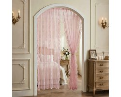 Roze kanten tule gordijnen, lange bohemian stijl, met bloemenborduurwerk, tweedelig met tunnelzoom, transparante tule gordijnen geschikt voor slaapkamer/woonkamer.