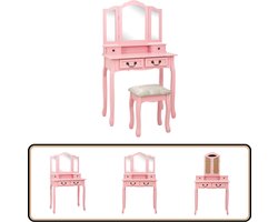 Roze Kaptafelset met Kruk - 80x69x141 cm Kaptafel - Make-up Tafel - Dressing Table - Rozen Kleur - Paulownia Hout