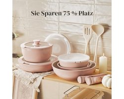 Roze keramische pannenset met afneembare grepen, 16-delig - Ovenbestendig en stapelbaar