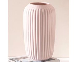 Roze keramische vaas, grote bloemenvaas in Franse landelijke stijl voor huisdecoratie, geribbelde vaas voor bruiloft, eettafel, kantoor, slaapkamer, 25 cm