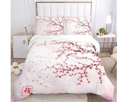 Roze Kersenbloesem Beddengoedset voor 1 Persoon - 3D Bloemen Design – Romantische Stijl - Ademend Microvezel Dekbedovertrek met Ritssluiting (135 x 200 cm)