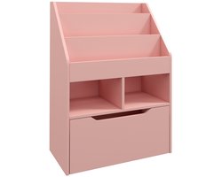 Roze Kinderboekenkast 60 x 29,9 x 90 cm, Kinderrek met 3 Niveaus, 2 Opbergvakken en Lade, Speelgoedkast en Boekenrek met Kantelbeveiliging, Opbergmeubel voor Kinderkamer