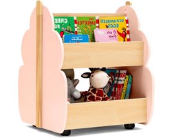 Roze Kinderboekenkast op Wielen 2-Laags – Houten Speelgoedplank 52 x 46 x 62,5 cm Verrijdbare Montessori Boeken- en Speelgoed Organizer voor Kinderkamer, Speelkamer en Gemakkelijke Opruimhulp