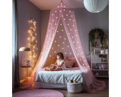 Roze Klamboe met 67 Glow in the Dark Sterren - Hemelbed voor Kinderkamer of Volwassenen - Sterrenhemel Sluier, Hemeltje en Bedtent - Baby Muggennet Decoratie