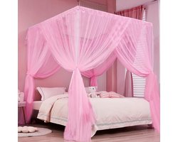 Roze klamboe voor kingsize bed met 4 hoekpalen - Anti-insecten bescherming voor binnen en buiten