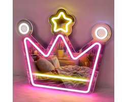 Roze kroonspiegel LED-bord, 13,7 x 15,7 inch USB-aangedreven spiegel neonborden, dimbare LED-kaptafel slaapkamerdecoratie, cadeau voor vrouwen (roze en geel en wit)