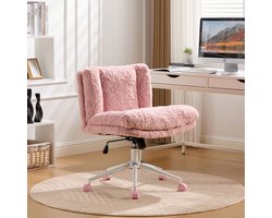 Roze Kunstbont Bureaustoel - Extra Brede Zitting 67 Cm - Verstelbare Draaistoel Met Metaal Onderstel - Luxe Kantoor- En Make-Up Stoel