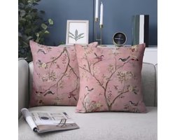 Roze Kussenhoes met Vogels en Bloesem – Sierkussenhoes 45x45 cm voor Kinderkamer of Meisjeskamer – Decoratieve Kussenhoes – Exclusief Binnenkussen
