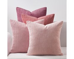 Roze kussenslopen 45x45 cm, decoratief voor bank, woonkamer, huis, kussen voor slaapkamer, stoel, bed, bureaustoel. Set van 4 kussenslopen van zacht geribbeld fluweel, esthetisch Scandinavisch design.