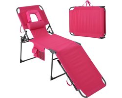 Roze - ligstoel met gezichtsopening - 200x59x60 cm, opvouwbaar en 5-voudig verstelbaar, met kussen en zijvak voor strand, tuin en zwembad
