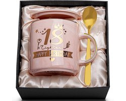 Roze Marmeren Koffiemok Cadeauset 18e Verjaardag Meisje - Inclusief Deksel, Lepel en Geschenkdoos